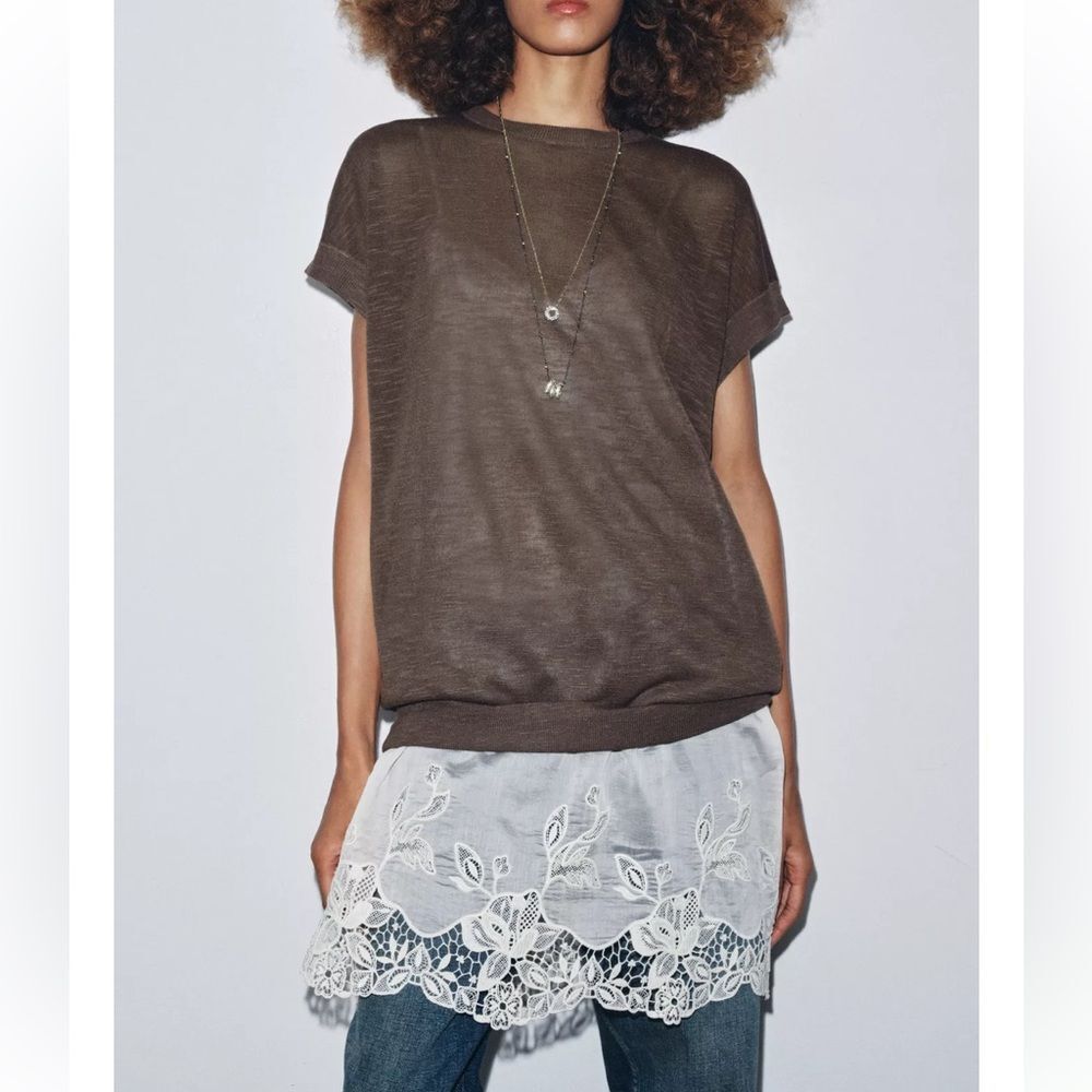 2 in 1 dress. White embroidered slip with Brown overlay